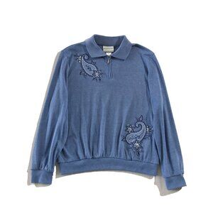 Alfred Dunner Sweatshirt Womens PM Blue Paisley Embellished ¼ Zip Pullover Top